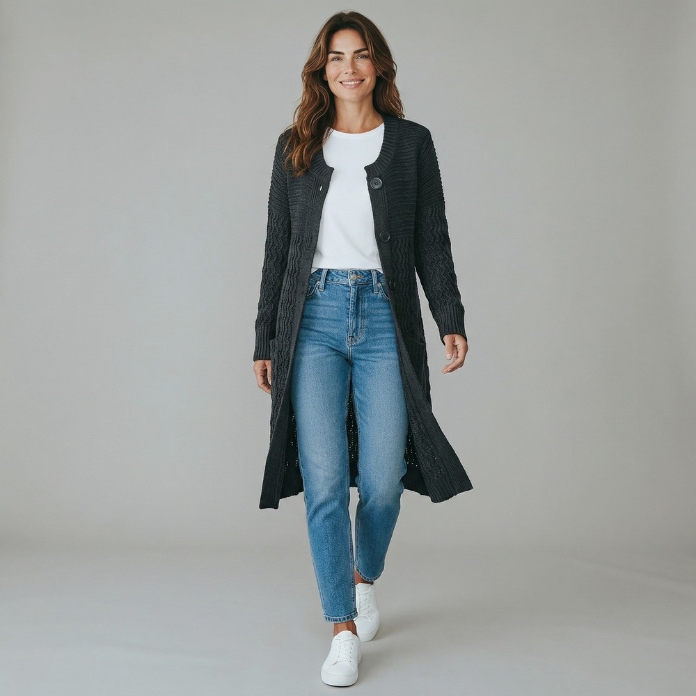 Womens Black Longline Duster Cardigan Sweater Textured Knit Button Front Pockets